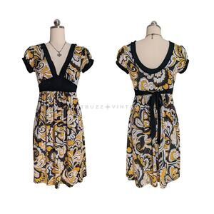 Vintage Retro Mini Dress L Yellow Black Babydoll Short Sleeve Mod 90s Y2K Tie
